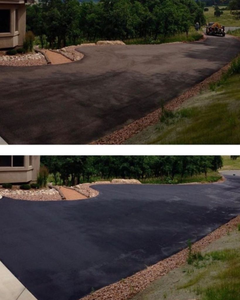 Before and after hand applied residential driveway seal coat on wide oxidized driveway with river rock borders in Monument Colorado by Dawley Asphalt